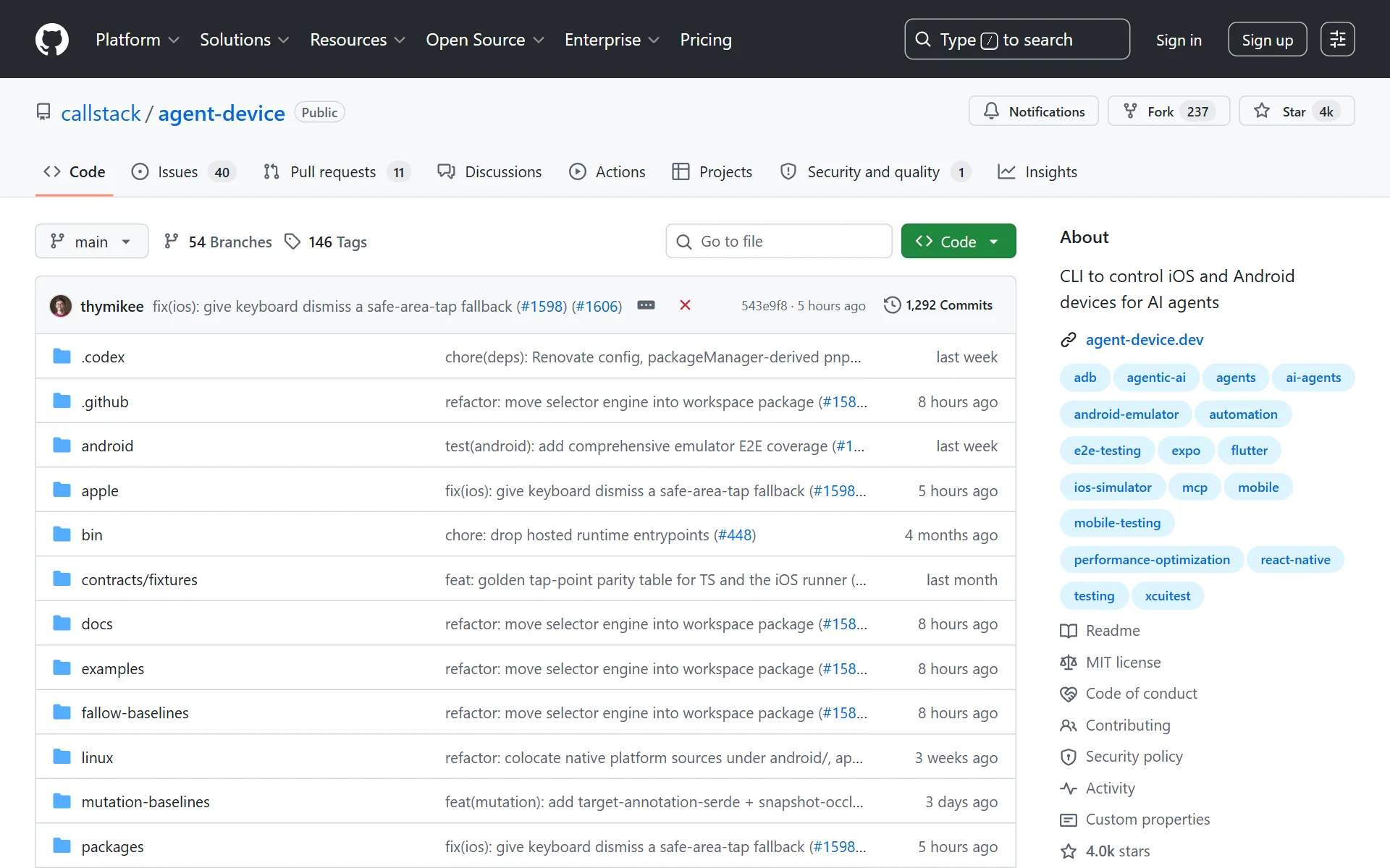 callstack/agent-device GitHub 리포지토리 — Star 4k, Fork 237