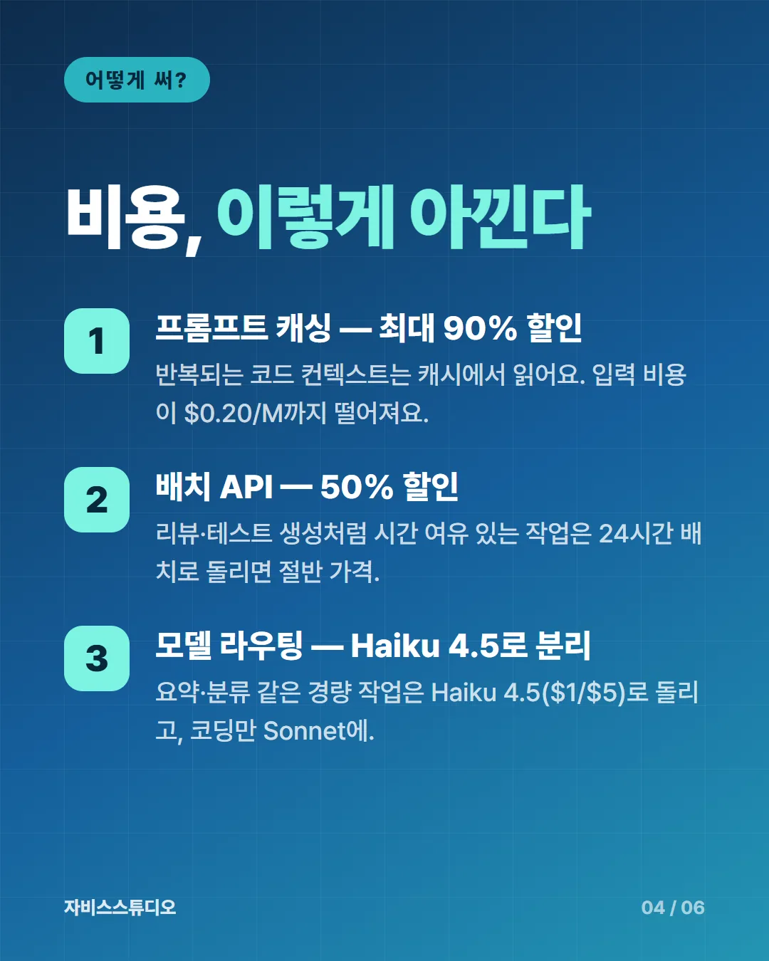 카드뉴스 4/6 — 비용 절감 팁 (캐싱, 배치, 라우팅)