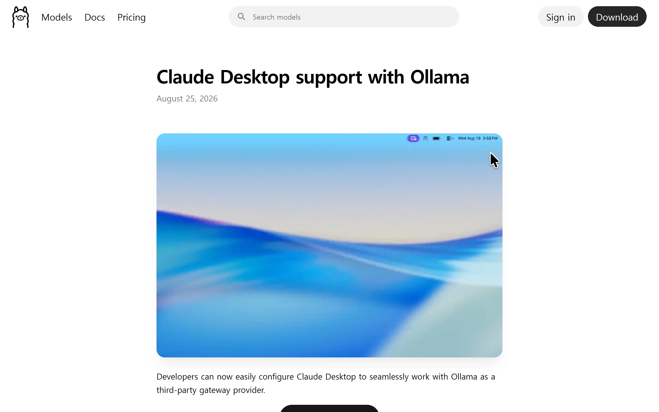 Ollama 공식 블로그의 클로드 데스크톱 지원 발표