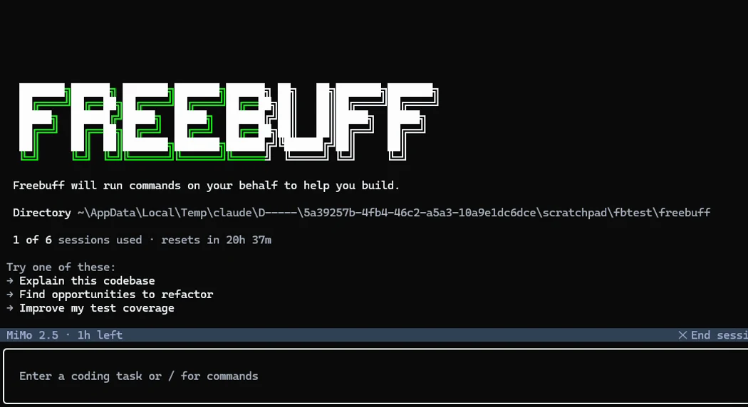 Freebuff 실행 화면의 세션 카운터와 모델 표시