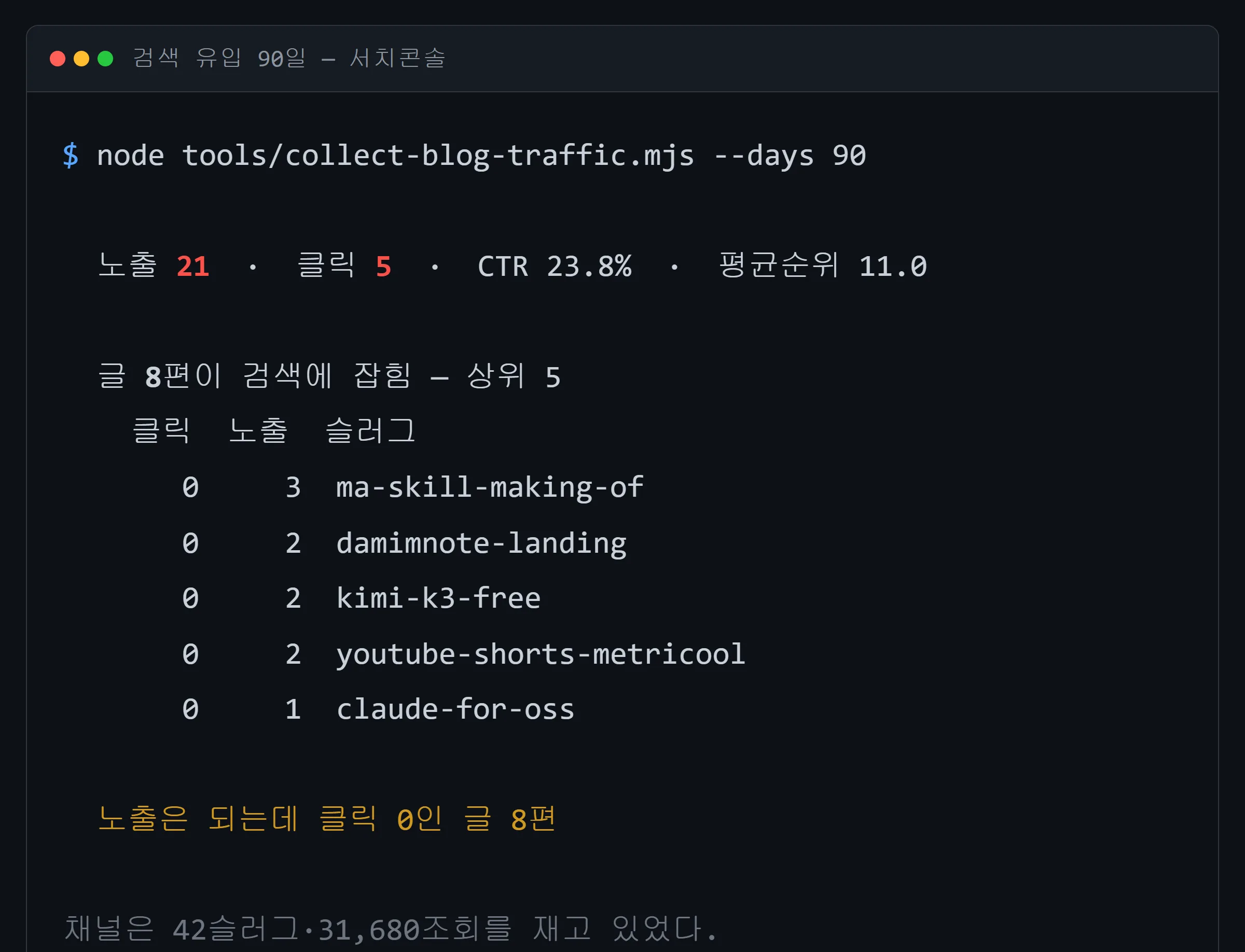 서치콘솔 90일 검색 유입 — 노출 21, 클릭 5