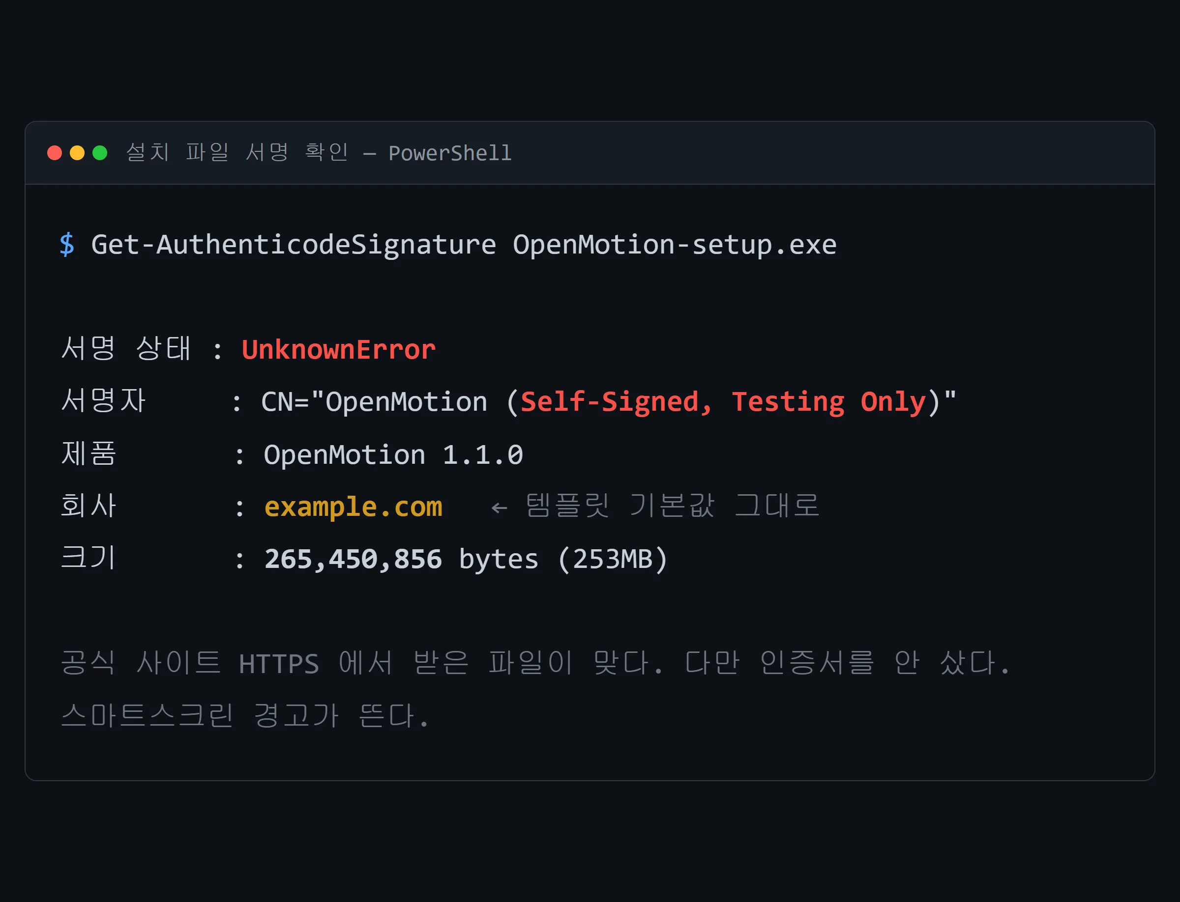 PowerShell로 확인한 설치 파일 서명 — UnknownError, Self-Signed Testing Only