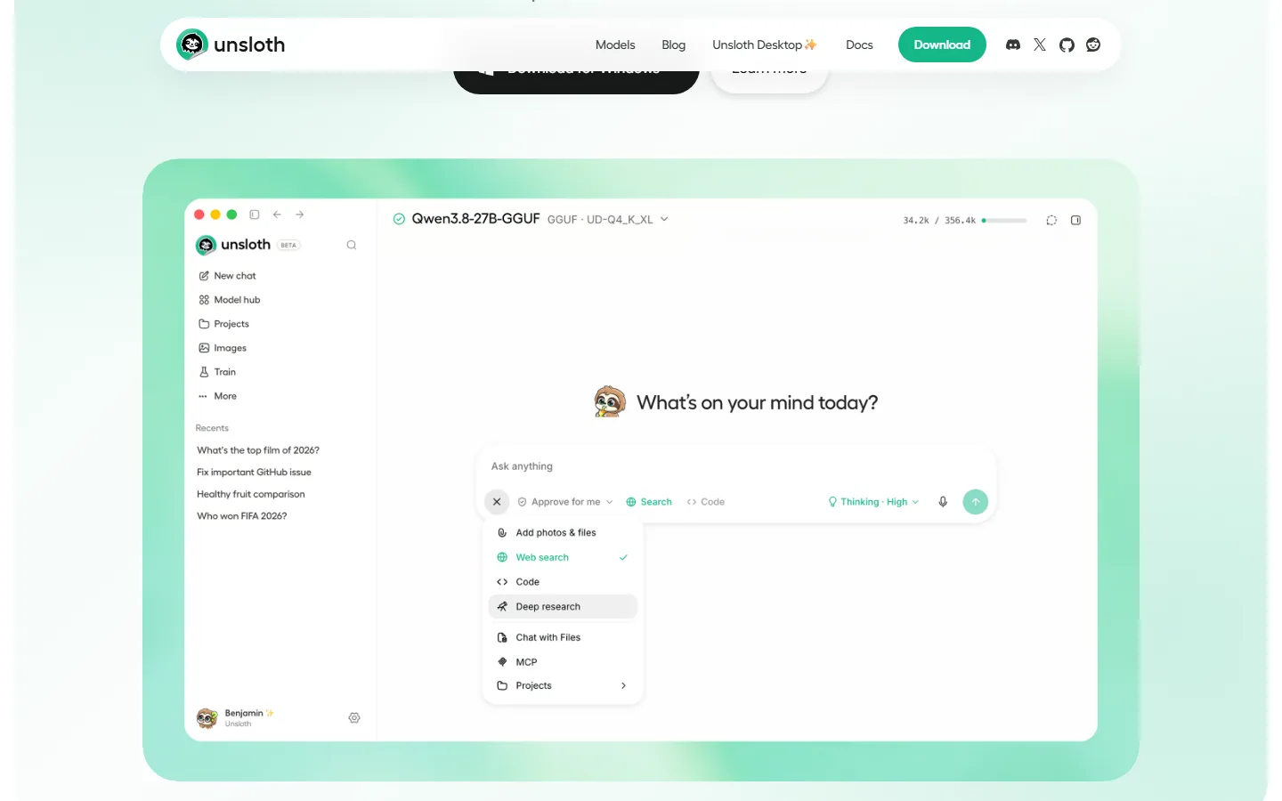 Unsloth Desktop 앱 UI — 기능 메뉴