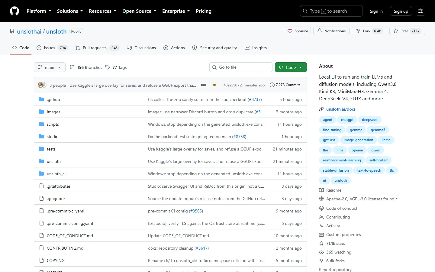Unsloth GitHub 저장소 — 71.1k 별