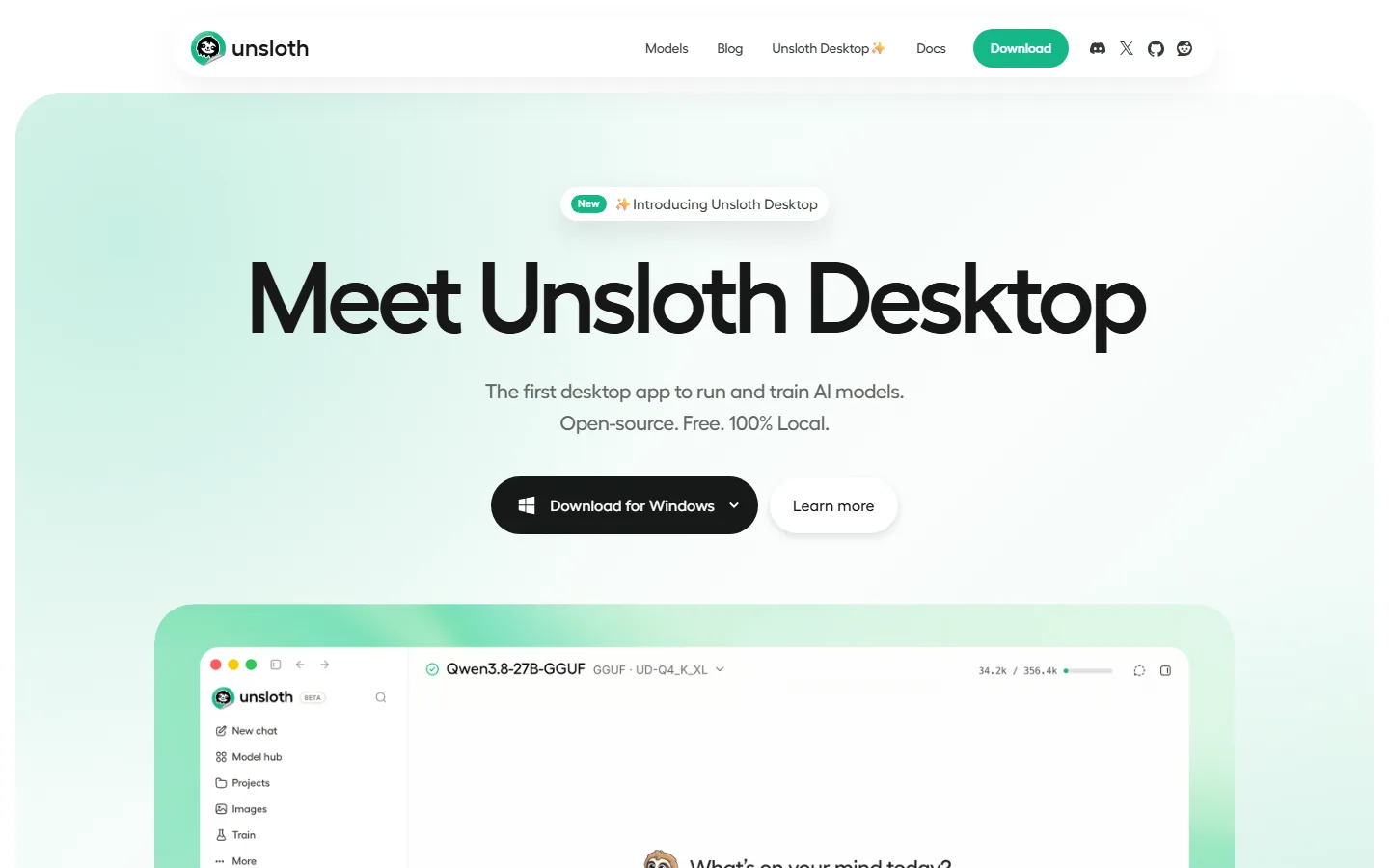 Unsloth Desktop 공식 홈페이지
