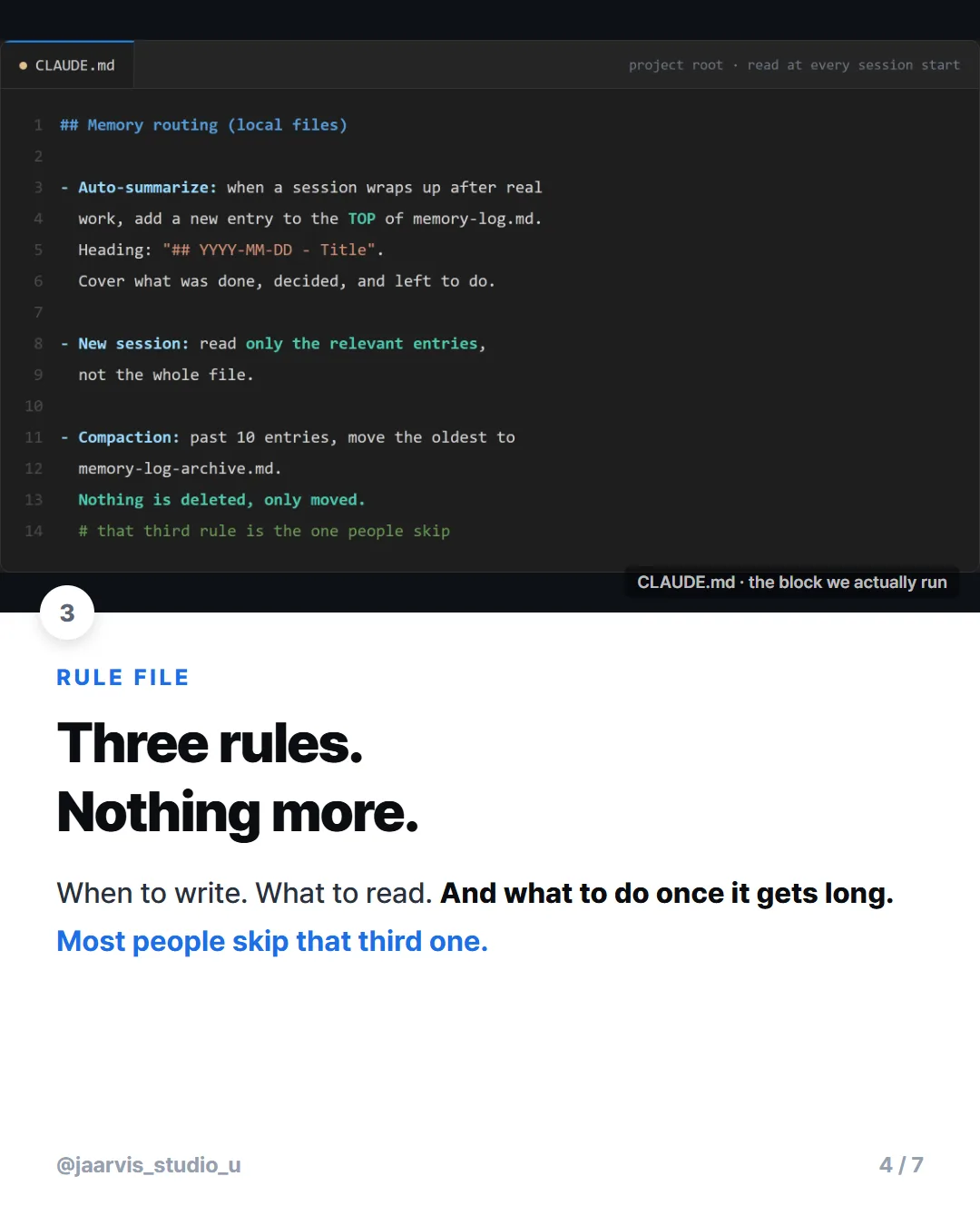 The memory routing rules inside CLAUDE.md